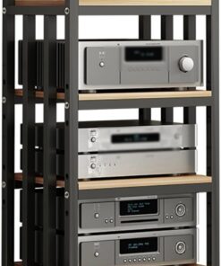 Support Audio, Support multimédia, Support multimédia à 4 Niveaux, Armoire pour Composants Audio/vidéo, Support stéréo, Tour Debout avec Planches en Bois réglables en Hauteur pour la Maison/