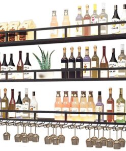 Étagère à vin Moderne en métal à 3 Niveaux avec Support de Verre à lumière LED et étagère Flottante, unité de Bar Murale pour Bar à Domicile ou étagères de présentation de Bouteilles de vin