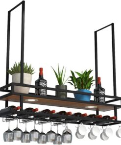 Support à Vin Suspendu en Fer à Double Couche avec Spots à LED, Étagère de Rangement en Bois Massif pour Bar à Vin Industriel, Porte-Verre à Vin à l'envers, Gobelet et Porte-gobelet