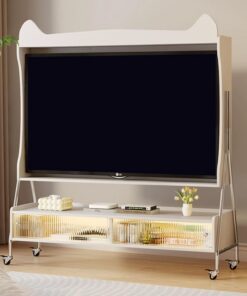 Support TV sur Pied Mobile Blanc, Chariot TV Mobile Réglable, Meuble TV Mobile avec Casiers, TV sur Pied avec 4 roulettes Universelles Mobiles, pour Téléviseurs de Moins de 55 Pouces