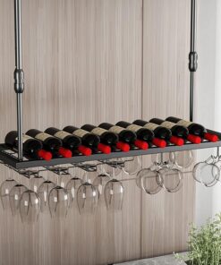 Porte-Bouteilles Suspendu au Mur pour Bar à vin, Porte-Bouteilles de vin avec Porte-Verre, présentoir de Rangement pour vin, étagère de décoration de Plafond, Style Vintage, Noir (