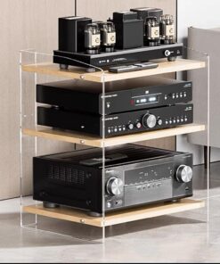 Rack Audio en Acrylique, Meuble Hi FI avec Étagères Réglables, Meuble Stéréo À Bordure Haute, Meuble Rack Audio De Tour De Rack De Composants Audio(Clear+Log,3-Tier)