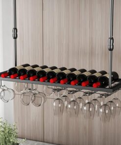 Porte-Bouteilles de vin Suspendu au Plafond, étagère de Rangement pour Verres à Pied à Champagne Noir Industriel | Support décoratif pour Bar de Cuisine sous Meuble (Taille : 60x30