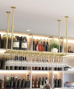 Casier à vin Industriel en métal – Support à Verres à vin Suspendu rétro, décoration de Plafond, étagère Flottante avec tiges réglables, Support doré, pour Bars, cuisines/60 cm
