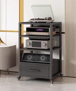 Rack Audio À 4 Niveaux, Meuble Audio Vidéo, Meuble Hi FI avec Tiroir, Meuble Rack Audio À Hauteur Réglable, Meuble Stéréo Mobile, Rangement for Le Divertissement(Nero)