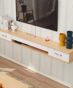 Meuble TV suspendu en bois massif pour salon, Centre de Console multimédia de Divertissement Avec trou pour câble，Meuble TV Flottant avec 2Tiroirs, Meuble de Divertissement Moderne avec porte(Giallo,1