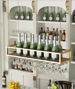 Casier à vin Suspendu, Porte-Verre à vin Porte-Bouteilles à l'envers Porte-Verre à vin en Fer forgé Étagère de décoration de Plafond pour Bar Restaurant Cuisine - Hauteur réglable