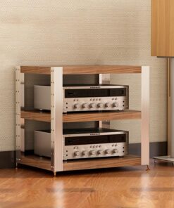Étagères Rack de Stockage Audio Vidéo Tourne Disque Vinyle Stockage Meuble Chaine HiFi Meubles pour Le Bureau, La Chambre À Coucher(Walnut Color,62 * 47 * 57m)