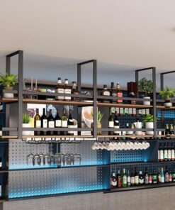 Étagère de Rangement pour Bar de Cuisine, Support de Bouteille de vin Suspendu au Plafond, étagères flottantes à Cadre en métal avec Supports à Verres à Pied, étagère à Plantes, Support de p
