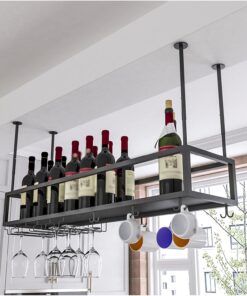 Casier à vin Suspendu au Plafond, Hauteur réglable de 11,8 à 23,6 Pouces, Support de Verres à vin en métal pour Bar, Support Mural Industriel pour Verres à vin (Couleur : Noir, Dimensions :