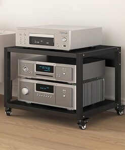 Meuble Hi FI en Métal, Meuble Rack Audio avec Étagères Réglables, Meuble Stéréo Ouverte, Meuble Audio Vidéo avec roulettes Universelles, Plaque en Acier Galvanisé(2 Tier 50x40x35CM)