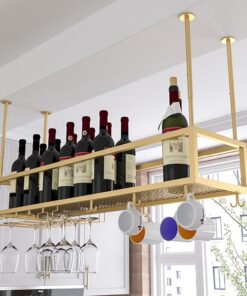 Casier à vin suspendu, porte-bouteilles de plafond en métal, support de stockage de vin d'affichage vintage avec étagère en verre à pied pour sous le meuble, cuisine, bar, hauteur