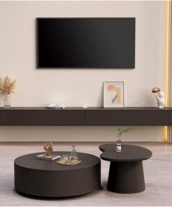 Meuble TV moderne flottant à fixation murale, meuble de rangement en bois avec 3/4 étagères, console TV noire, 280 cm, décoration d'intérieur élégante pour salon