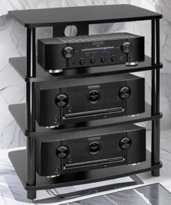 Support multimédia à 4 niveaux pour composants audio/vidéo avec étagère en bois, support TV de jeu et support stéréo d'angle, tour audio, support de rangement ouvert multifonction pour la ma
