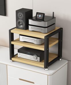 Meuble Hifi,Meubles pour Audio/Vidéo,Support d’Imprimante à 3/4 Niveaux,Armoire de Stockage Multimédia,Meuble pour Scanner,Étagère À Disques en Bois,pour Lecteurs DVD/Consoles de Jeux(Black+Light Waln