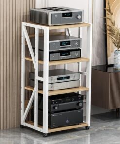 Rack Audio, Meuble Hi FI À 4 Niveaux, Meuble Rack Audio Mobile, Meuble Audio Vidéo avec Étagère Réglable, Meuble Stéréo for Divertissement Stéréo, Support TV Moderne for Salon(White+Wood)