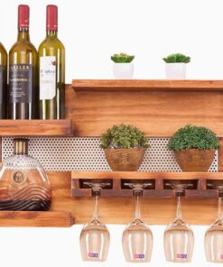 Porte Range Bouteille Bois Mural Casier à Bouteilles Meuble Bar Etagere Murale Rangement Bouteille Mini Bar Casiers et Supports de Cuisine avec Porte Verres Suspendu pour Comptoir de Bar