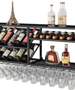 Étagère de présentation pour Bouteilles d'alcool avec Support à Verres à vin Suspendu - Étagères de Bar à vin murales pour Bar à Domicile et Salle à Manger - Étagère à Whisky et Support de r