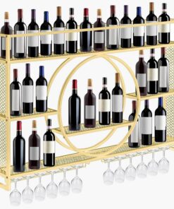 Porte-Bouchon de vin, casier à vin Mural en métal Moderne pour Bouteilles et Verres pour Bar, Armoire, étagères pour Bouteilles d'alcool (Taille : 100 x 15 x 80 cm, Couleur : doré)