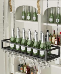 Casier à vin en métal Noir avec Porte-Bouteille de vin, Support en Verre pour Verres à Pied Suspendu au Plafond Étagère de Rangement Flottante Murale créative pour Cuisine de Bar (