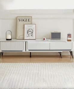 Meuble TV, Banc TV Escamotable, Console Multimédia, Centre de Divertissement avec Tiroirs et Espace de Rangement Ouvert, pour Salon Ou Chambre À Coucher