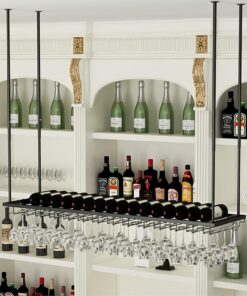 Porte-Bouteilles de vin créatifs Suspendus au Plafond, Support de Verre à vin en métal monté au Plafond pour Bar, Porte-Bouteilles de vin et Verres à Pied, étagères Flottante