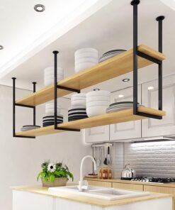 Casier à vin Suspendu avec étagère en Bois Massif pour Bar ou Cuisine, Support de Rangement Mural et Support pour Plantes, Design en Fer Noir, Support d'affichage à 2 Niveaux.