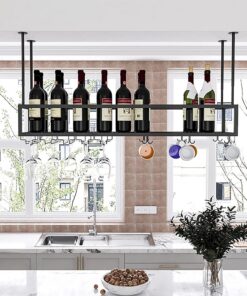 Unité de Bar Suspendue au Plafond, casier à vin Noir, Porte-Bouteilles de vin Suspendu au Plafond, étagère de Rangement en métal pour Verres à Pied pour Bar, Restaurant, Cuisine -