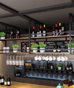 Étagère de Plafond en métal Noir à 2 Niveaux pour Bouteilles de vin, étagères flottantes de Rangement de Style Industriel pour Bar/Restaurant/Cuisine/décoration de la Maison (80 x 30 x 80 cm
