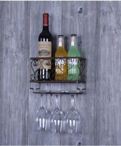 Casier à vin Mural Moderne avec Porte-Verres et étagère, Porte-Bouteilles en métal pour Le Stockage du vin, étagères à Liqueur pour Bar, Salle à Manger et Cuisine - Bronze, 25 x 10 x 17 cm