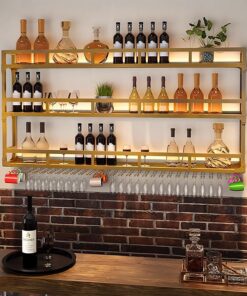Casier à vin Mural avec Support pour Verre à vin, étagère d'affichage pour Bouteilles d'alcool avec lumière LED, étagères suspendues pour Bar, étagère Murale Flottante Industrielle