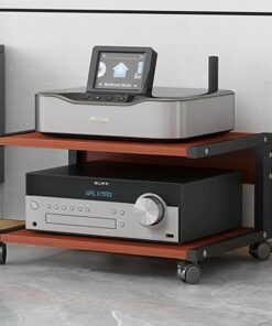 Meuble Hi FI AV À 2 Niveaux, Meuble Audio Vidéo Mobile avec roulettes, Faible Encombrement, Meuble Stéréo Ouverte, Meuble Rack Audio, Cadre en Acier, Facile À Installer(Brown,50x40x30CM)
