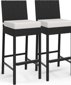 Tabourets De Bar d'Extérieur En Rotin - Lot De 2 Avec Coussin Moelleux, Repose-Pieds Ergonomique, Sans Accoudoirs, Hauteur Comptoir, Idéaux Pour Terrasse, Jardin, Piscine, Cour, Parfaits Pour Le Salon