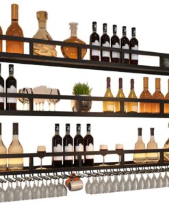 Étagère à vin Murale Flottante avec présentoir à Bouteilles d'alcool léger et Support à Verres à vin Suspendu, étagères de Bar pour Cuisine, café, Restaurant, Support Mural pour Armoire à li