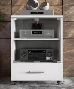 Support Meuble HiFi domestique avec étagère réglable en hauteur et roulettes, meuble de rangement multimédia avec tiroir, rack audio, meuble stéréo for amplificateurs/lecteurs/accessoires TV(Wi