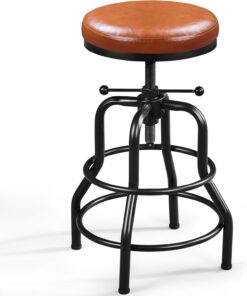 Yaheetech Tabouret de Bar Industriel en Similicuir Tabouret Haut Rond Réglable en Hauteur avec Deux Repose-Pieds Chaise de Cuisine avec Cadre en Métal pour Cuisine Restaurant Bistrot Marron Clair