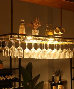 Casier à vin rustique fixé au mur avec lumière et porte-verre, barre de suspension réglable, porte-verre à vin au plafond, porte-bouteilles étagères à vin pour bar cuisine