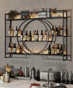 Casier à vin Mural avec Support en Verre, Porte-Bouteille en métal, étagères flottantes pour Bar à 3 Couches, étagère de Rangement multifonctionnelle, présentoir de Rangement pour