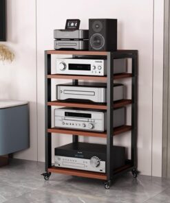 Meuble HiFi, Meuble de Support multimédia Audio vidéo avec 4 étagères avec poulie, Meuble Rack Audio, for Consoles de Jeu/Apple TV/ps4(Black+Teak)