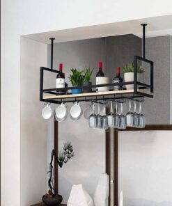 Casier à vin Mural en métal avec Porte-Bouteilles Suspendu et étagère à vin Flottante, Support de Verre à vin Suspendu pour Bar, café, Cuisine, Design élégant et Peu encombrant (80 x 30 x 60