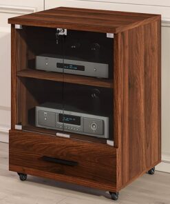 Meuble Stéréo, Meuble Hi FI avec Tiroir, Meuble Audio Vidéo Mobile, Meuble de Rangement Multimédia avec Porte en Verre Trempé, Support TV avec Trous pour Câbles(Brass,2 Tier 60x52x77CM)