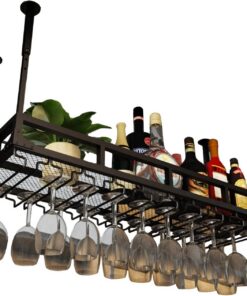 Casier à vin Suspendu, Porte-Bouteille de vin en métal, Porte-Verres à vin de décoration de Plafond, pour Bars, Restaurants, Cuisines - Hauteur réglable, Noir (Taille : 60cmx35cmx1