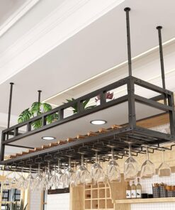 Casier à vin Suspendu avec 2 lumières, casier à vin monté au Plafond, Support de Bouteille de vin Industriel réglable, étagère à vin en Fer métallique pour Bar Salle à Manger
