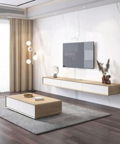 Meuble TV mural moderne avec 3 portes rabattables, meuble TV flottant avec étagères pour grand rangement, petite console multimédia pour le salon.