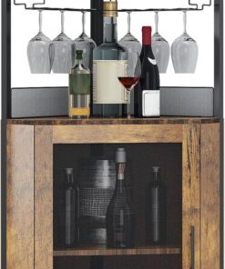 Garvee Meuble à Vin d'angle, Casier à Vin De Style Industriel avec éclairage LED, Meuble Bar avec Casier à Vin Réglable Et Porte-Verres, Rangement pour Boissons,Bar à Vin pour Cuisine