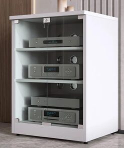 Meuble multimédia moderne noir élégant avec portes en verre – Meuble de divertissement pour consoles de jeux, lecteurs DVD, projecteurs, accessoires TV – Rack audio – Armoire stéréo