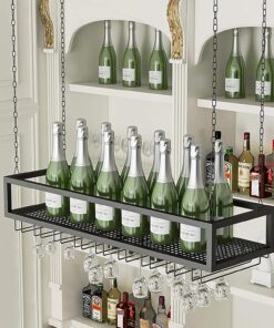 Casiers à vin au Plafond Porte-Verre à vin Suspendu Porte-Verres à Pied Porte-Bouteille de vin en métal Hauteur réglable Gobelet Stockage Décoration Étagère pour Bars, Restaurants,