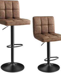 SONGMICS Tabourets de Bar, Lot de 2, Réglables en Hauteur, Surface en PU, Siège Pivotant à 360°, Chaise de Cuisine, Dossier, Repose-Pieds, Salle à Manger, en Acier, Marron Noisette LJB064K02