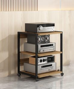 Support de Tourne-Disque avec Roues Universelles Étagères Rack de Stockage Audio Vidéo Stockage de CD Étagère D'angle pour Support Multimédia AV pour Le Salon La Salle de Jeux.(Original wood,50x40x69.