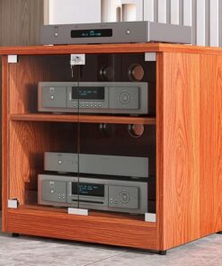 Meuble multimédia moderne noir élégant avec portes en verre – Meuble de divertissement pour consoles de jeux, lecteurs DVD, projecteurs, accessoires TV – Rack audio – Armoire stéréo